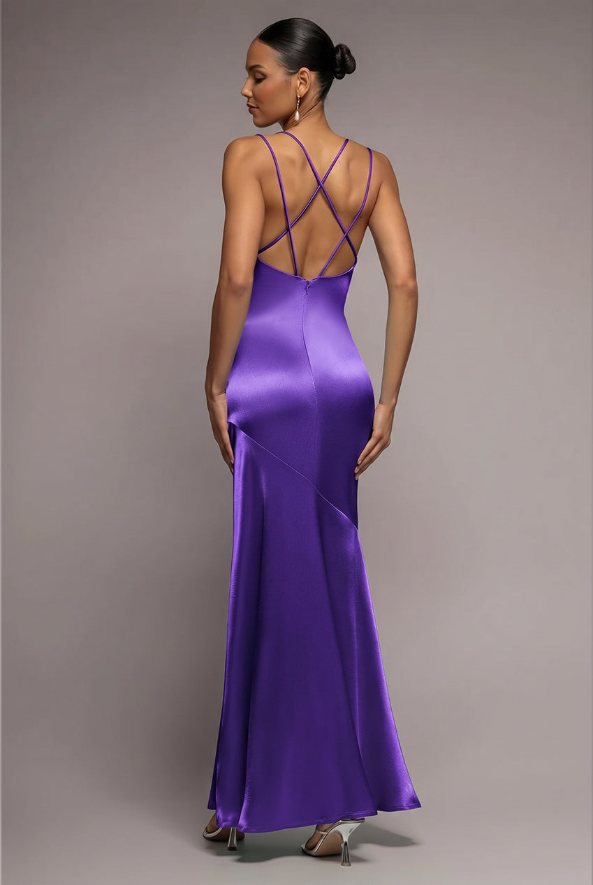 Goddiva Cowl Neck With Strappy Back Satin Maxi - Purple