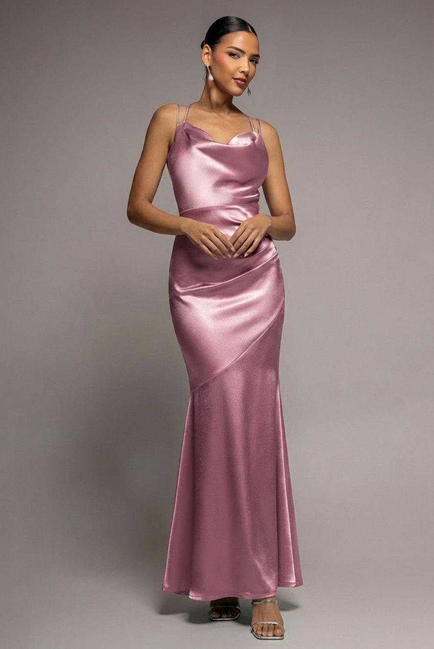 Goddiva Cowl Neck With Strappy Back Satin Maxi - Blush