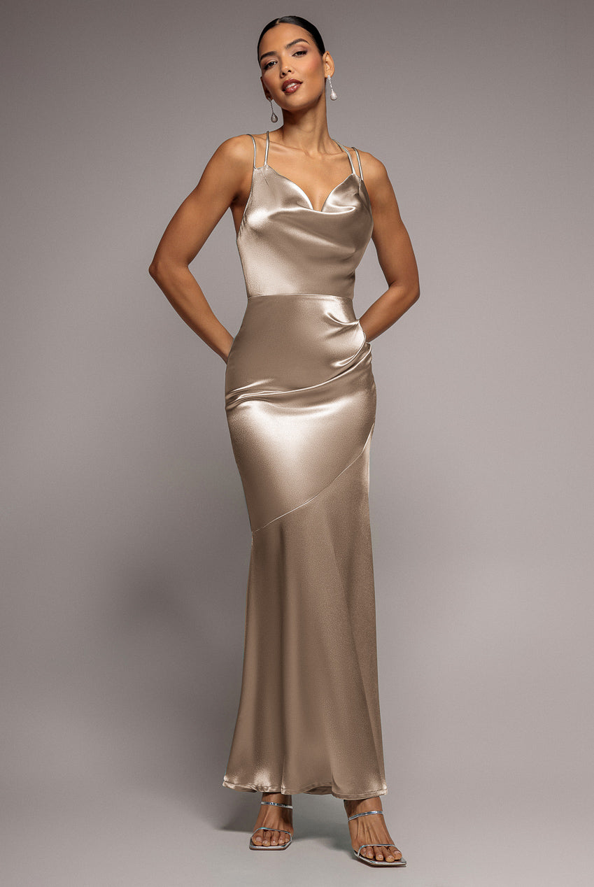 Goddiva Satin Cowl Neck With Strappy Back Maxi - Champagne