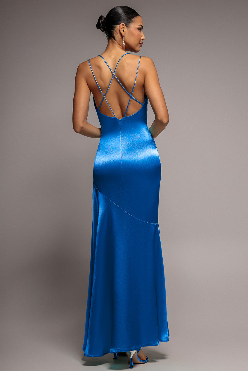 Goddiva Cowl Neck With Strappy Back Satin Maxi - Royal Blue