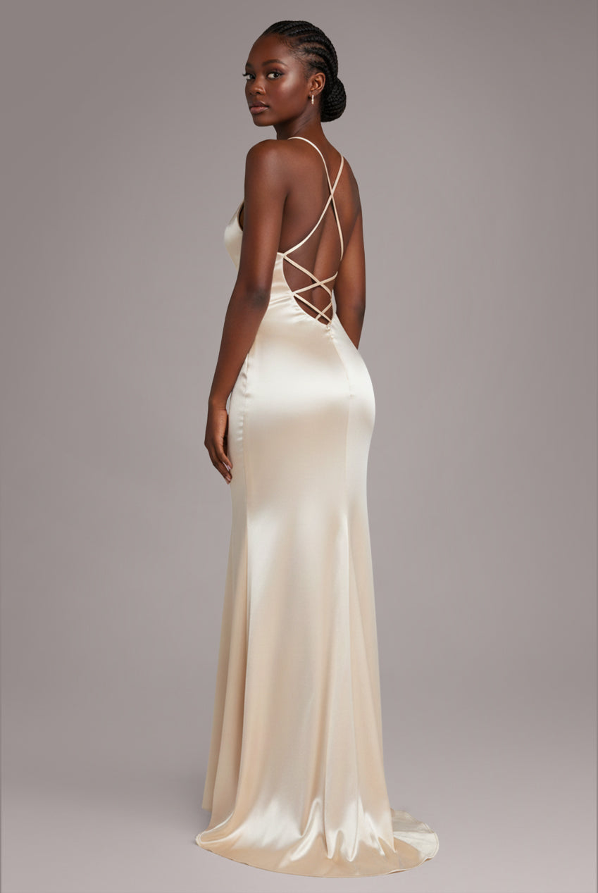Goddiva Satin Cowl Neck With Strappy Back Maxi - Champagne