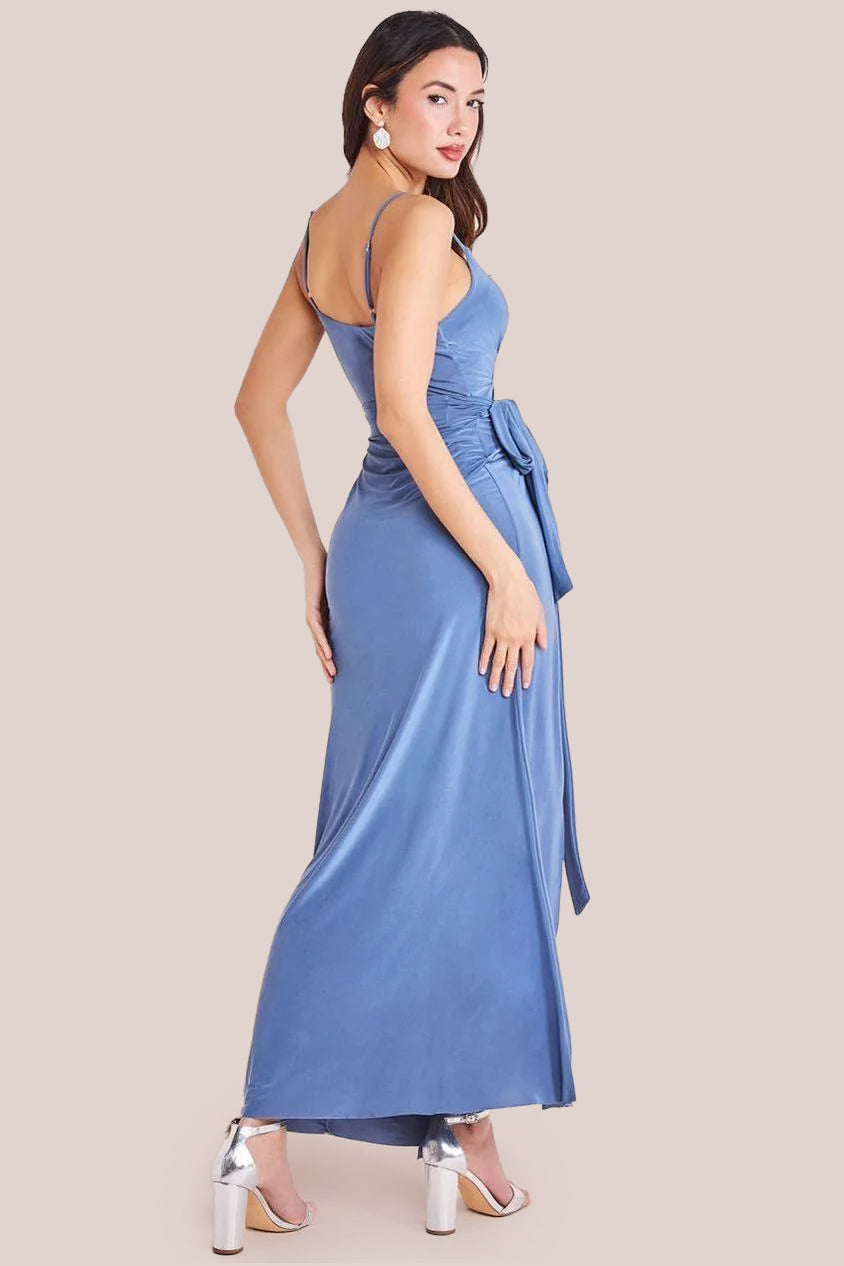 City Goddess Wrap Front Maxi Slip Dress With Waist Tie-Up - Cloudy Blue