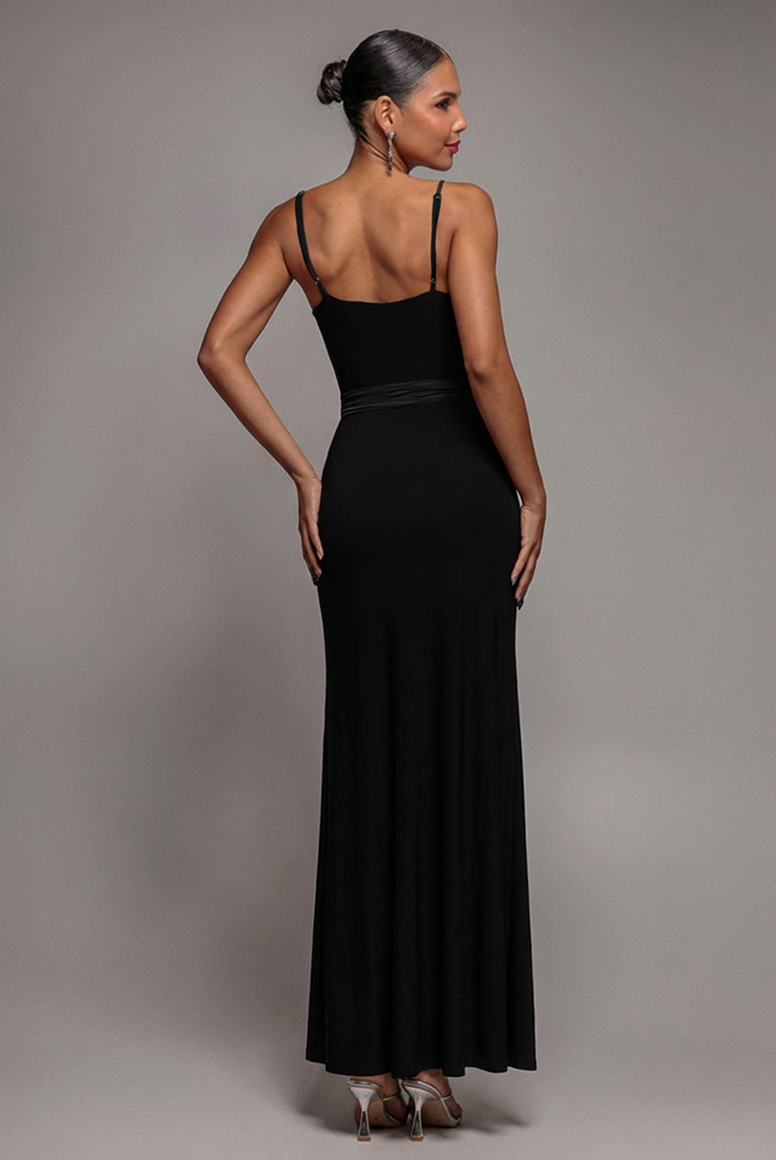 City Goddess Wrap Front Maxi Slip Dress With Waist Tie-Up - Black