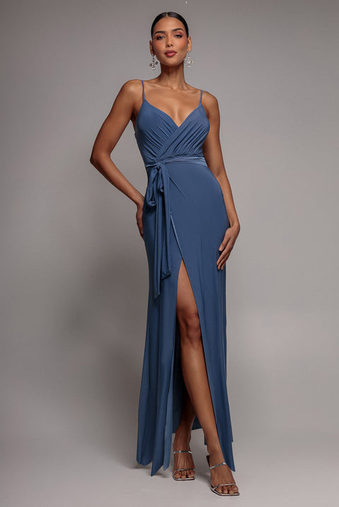 City Goddess Wrap Front Maxi Slip Dress With Waist Tie-Up - Cloudy Blue