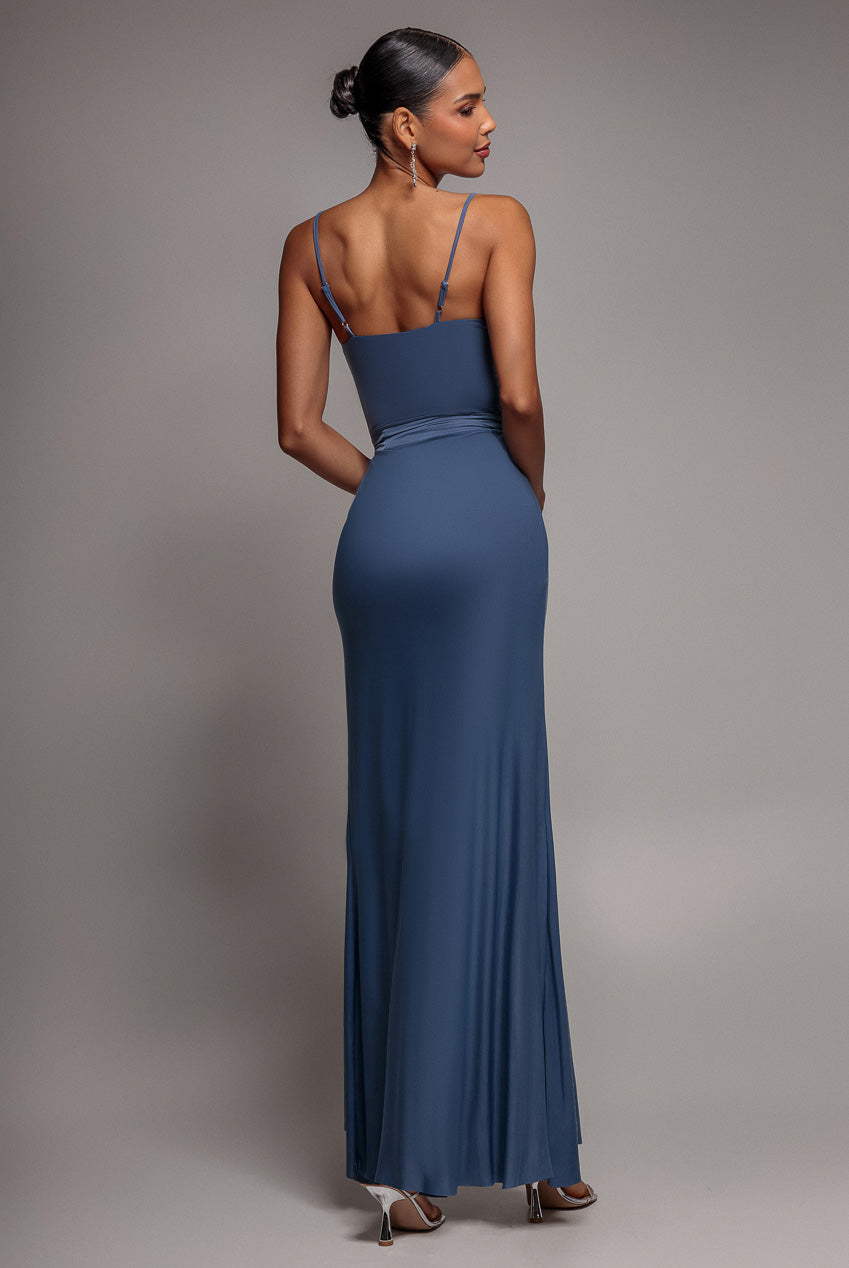 City Goddess Wrap Front Maxi Slip Dress With Waist Tie-Up - Cloudy Blue