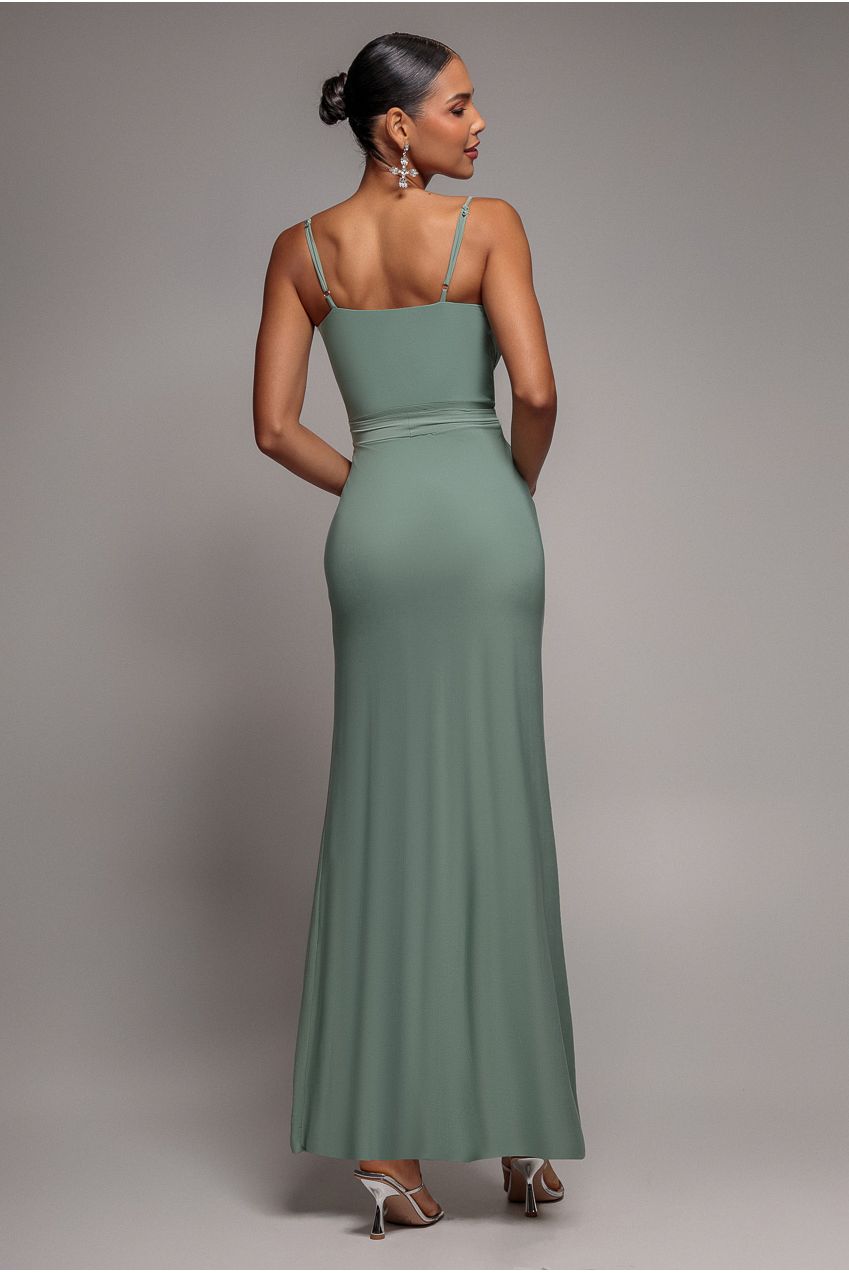Goddiva Wrap Front Maxi Slip Dress With Waist Tie-Up - Dark Sage