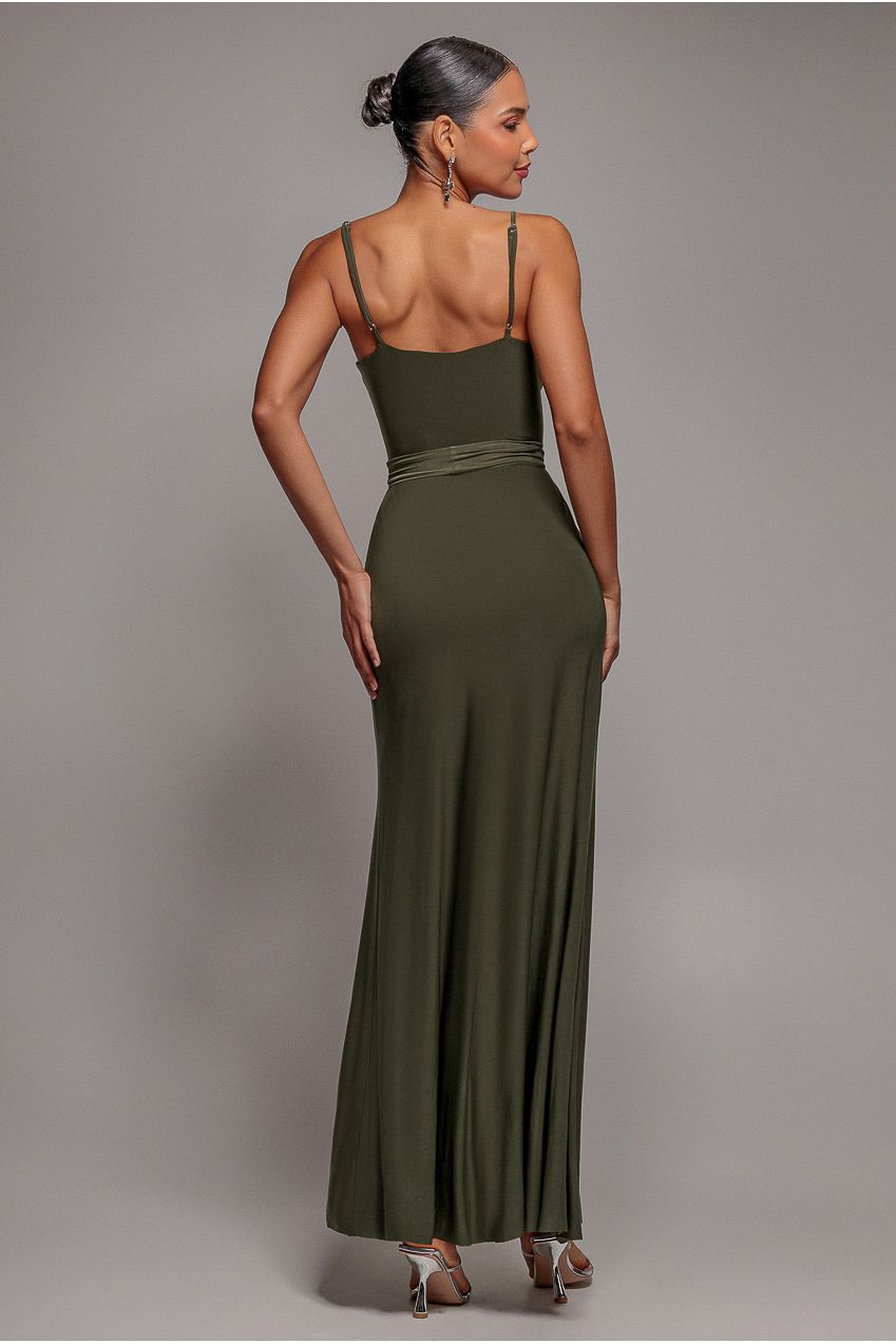 City Goddess Wrap Front Maxi Slip Dress With Waist Tie-Up - Olive Green