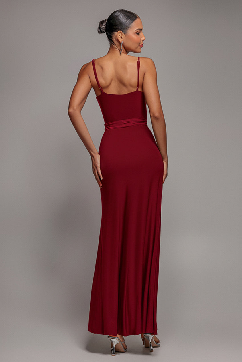 Goddiva Wrap Front Maxi Slip Dress With Waist Tie-Up - Wine