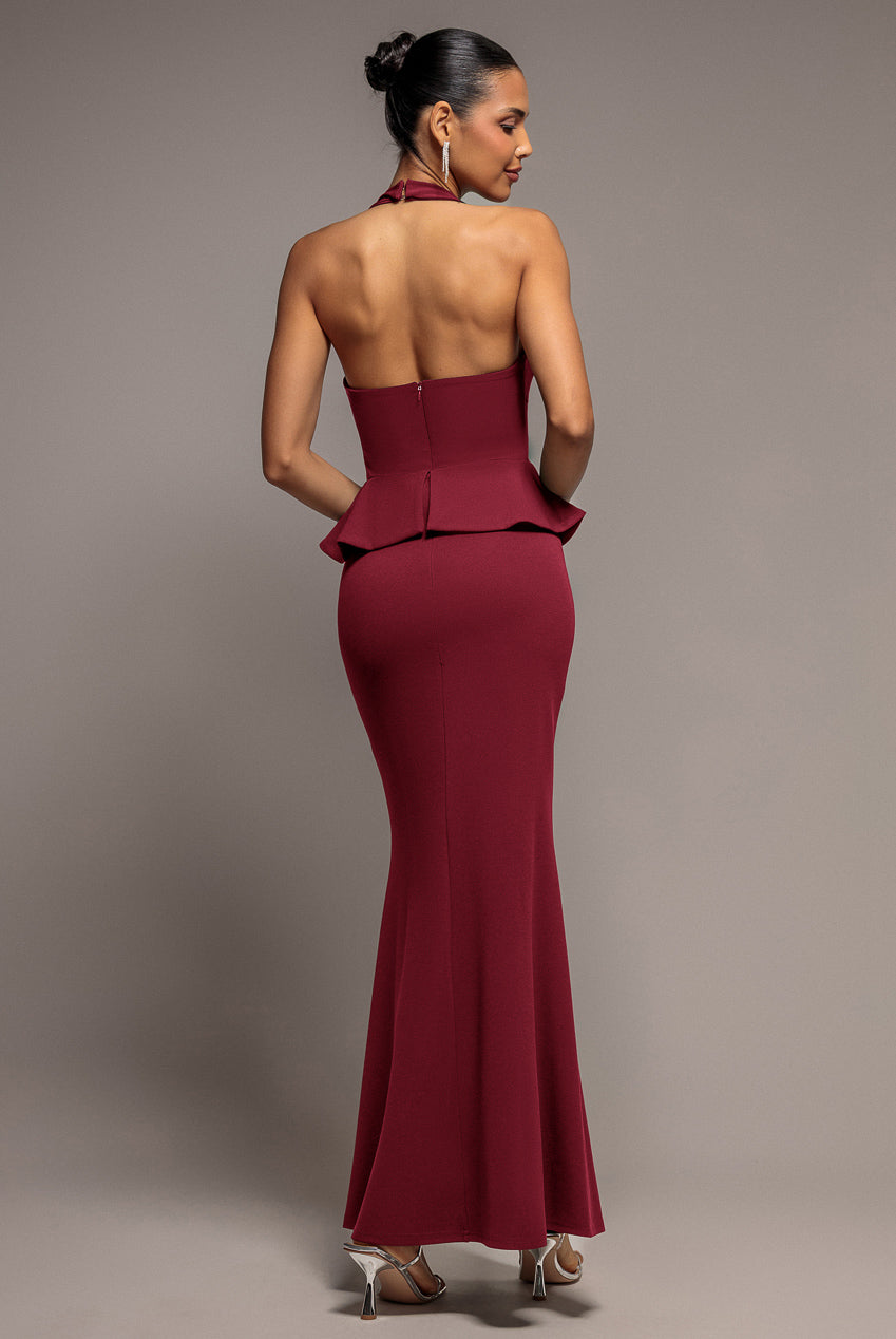 Goddiva Peplum Halter Neck Maxi Dress With Diamante Buckle - Wine