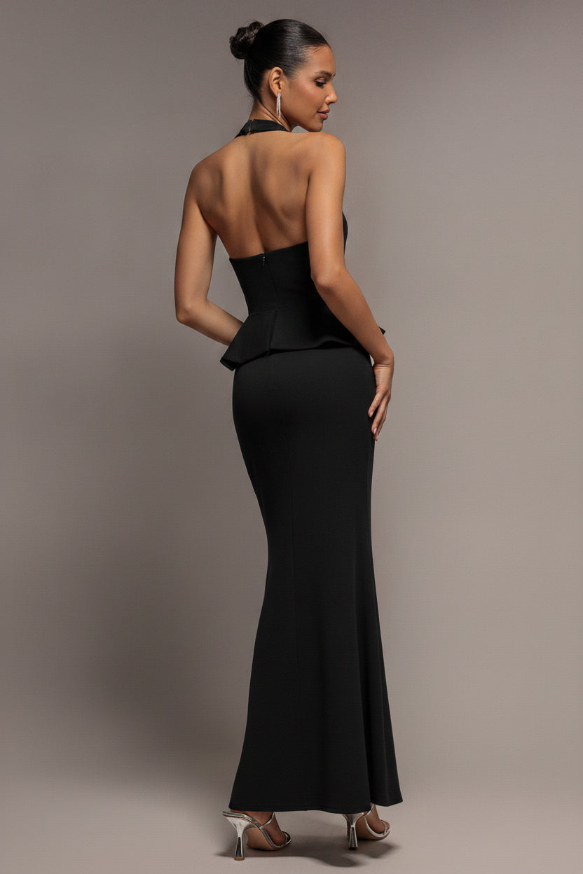 Goddiva Peplum Halter Neck Maxi Dress With Diamante Buckle - Black