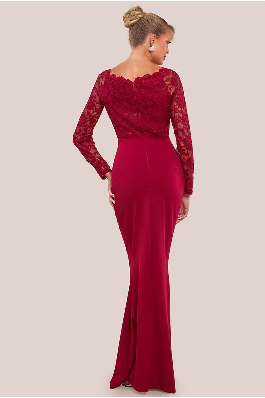 Goddiva Scalloped Lace & Scuba Maxi Dress - Wine
