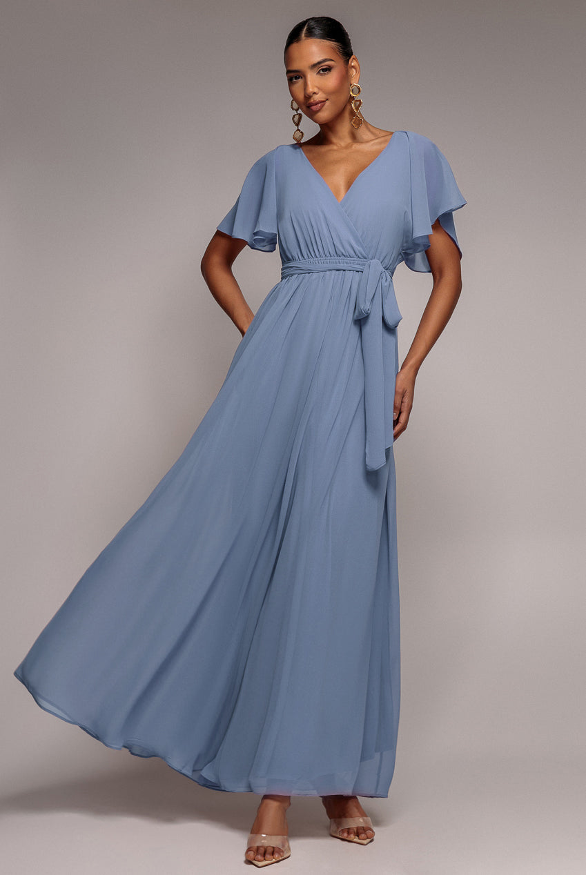Goddiva Chiffon Flutter Sleeve Wrap Maxi Dress - Airforce Blue