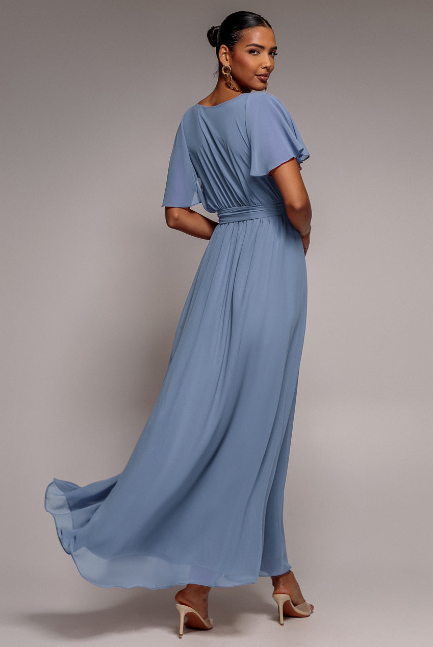 Goddiva Chiffon Flutter Sleeve Wrap Maxi Dress - Airforce Blue