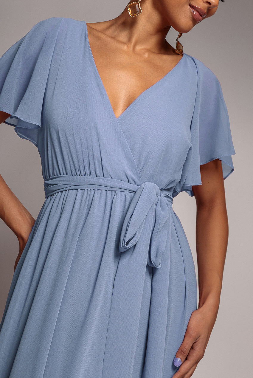 Goddiva Chiffon Flutter Sleeve Wrap Maxi Dress - Airforce Blue