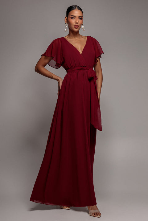 Goddiva Sustainable Chiffon Flutter Sleeve Wrap Maxi Dress - Berry