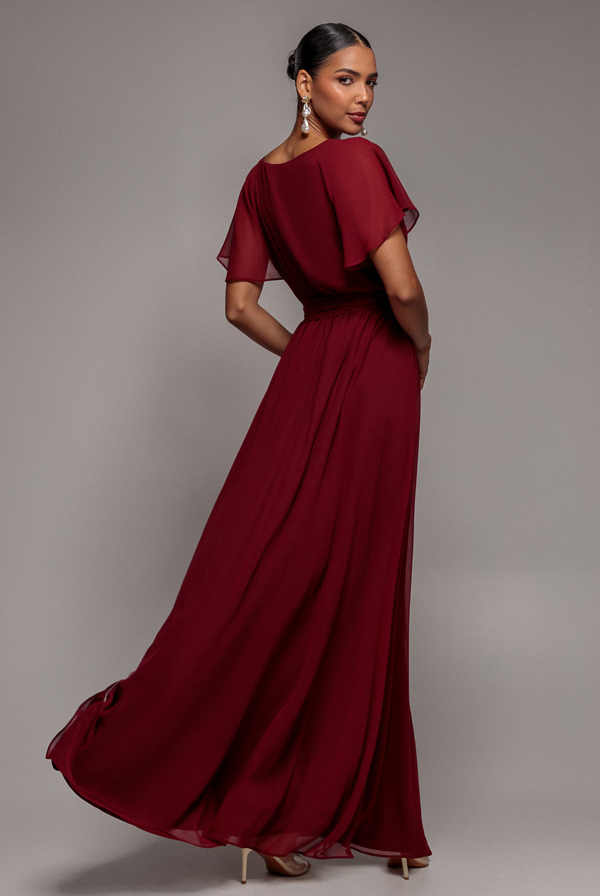 Goddiva Sustainable Chiffon Flutter Sleeve Wrap Maxi Dress - Berry