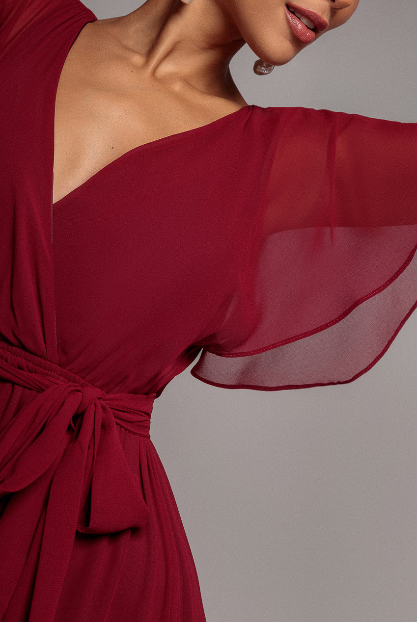 Goddiva Sustainable Chiffon Flutter Sleeve Wrap Maxi Dress - Berry