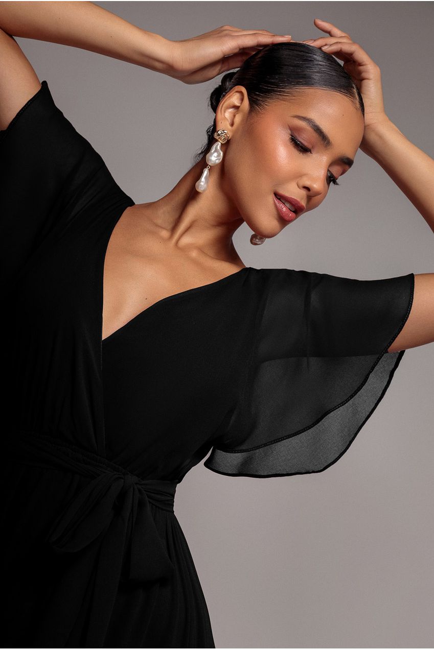 Goddiva Chiffon Flutter Sleeve Wrap Maxi Dress - Black