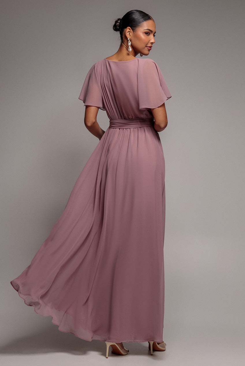 Goddiva Chiffon Flutter Sleeve Wrap Maxi Dress - Dusk
