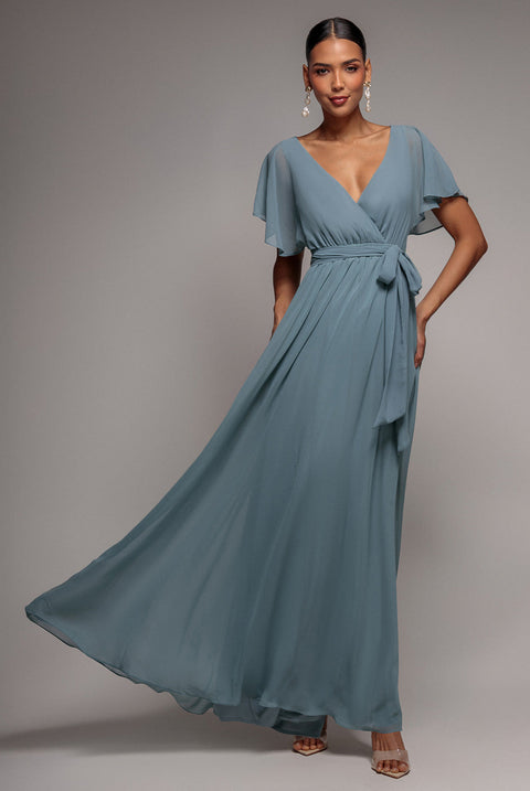 Goddiva Chiffon Flutter Sleeve Wrap Maxi Dress - Dusty Blue