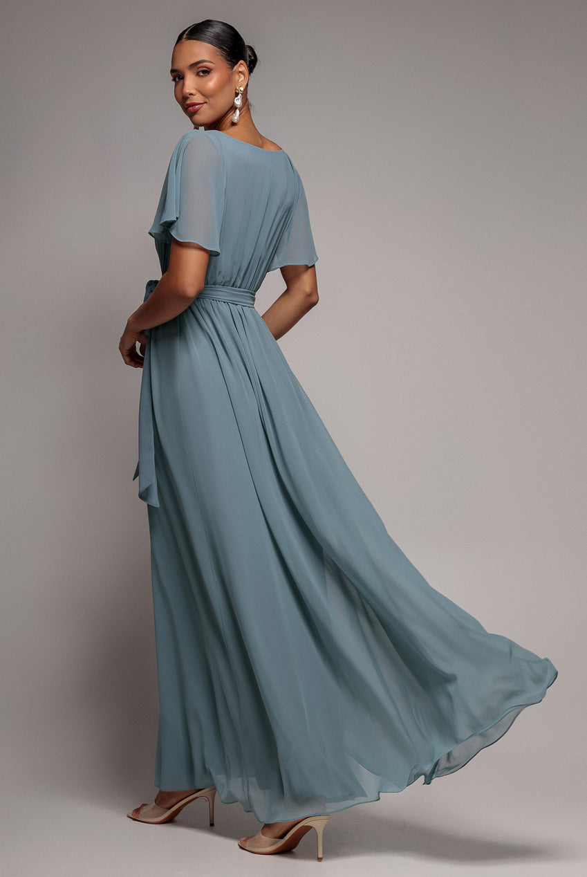 Goddiva Chiffon Flutter Sleeve Wrap Maxi Dress - Dusty Blue