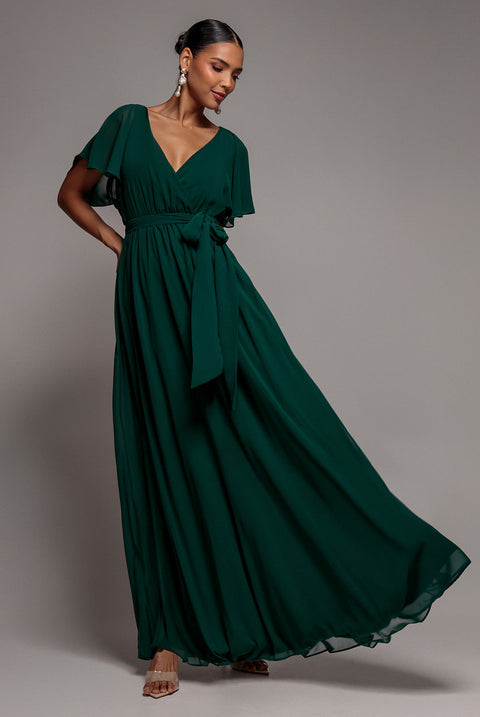 Goddiva Sustainable Chiffon Flutter Sleeve Wrap Maxi Dress - Green