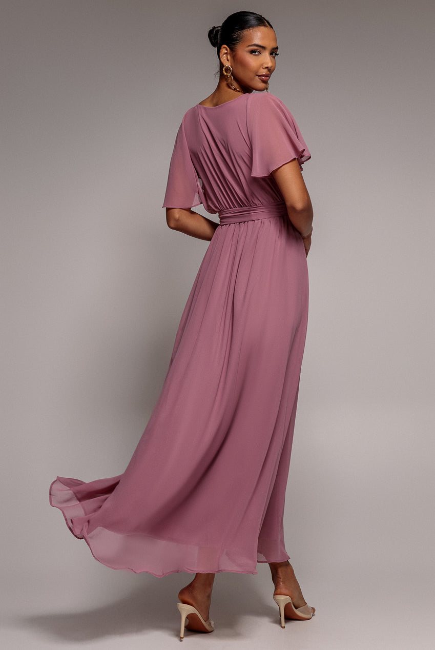 Goddiva Sustainable Chiffon Flutter Sleeve Wrap Maxi Dress - Lavender