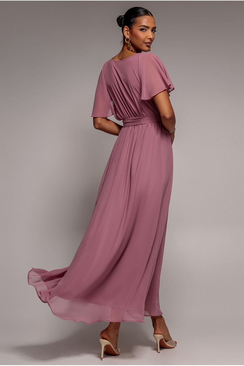 Goddiva Sustainable Chiffon Flutter Sleeve Wrap Maxi Dress - Lavender