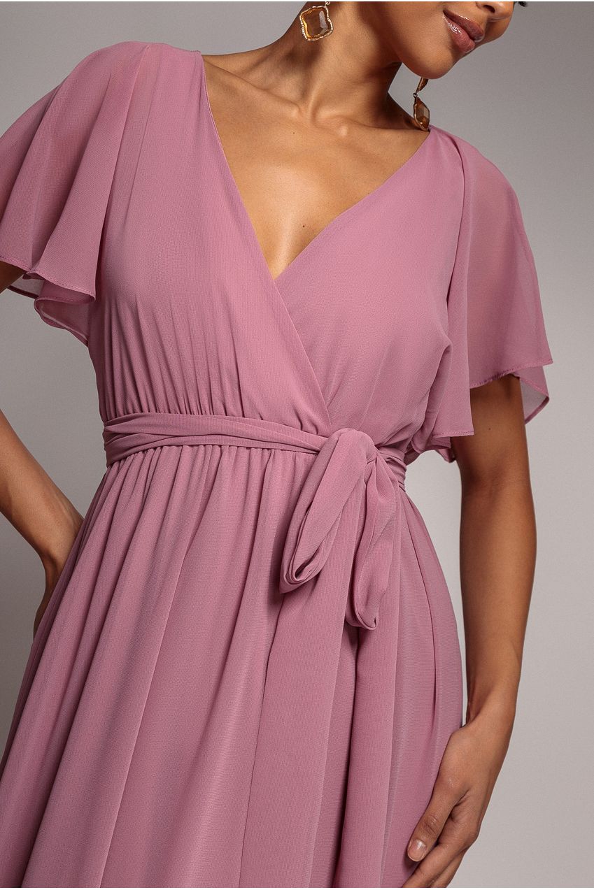 Goddiva Sustainable Chiffon Flutter Sleeve Wrap Maxi Dress - Lavender