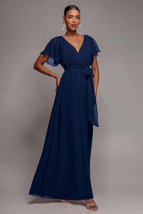 Goddiva Sustainable Chiffon Flutter Sleeve Wrap Maxi Dress - Navy