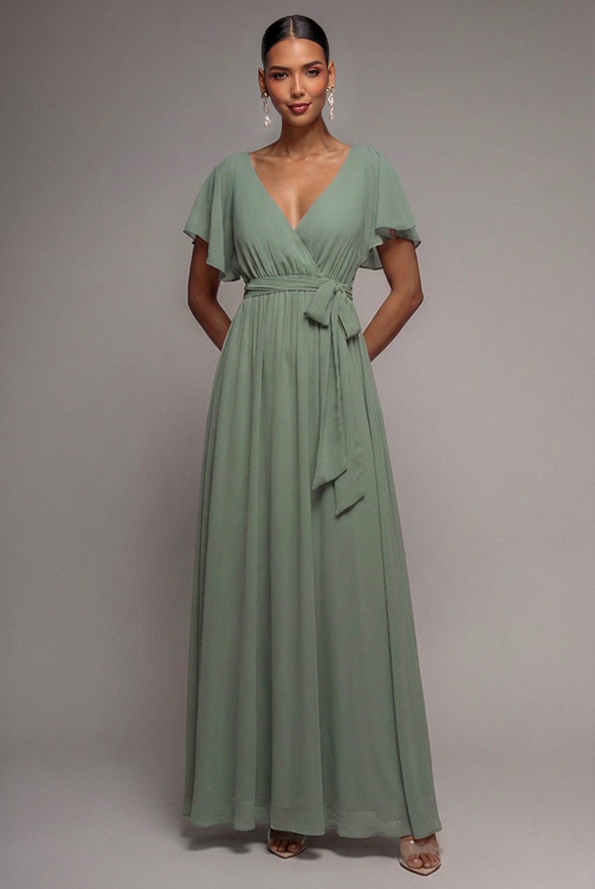 Goddiva Sustainable Chiffon Flutter Sleeve Wrap Maxi Dress - Sagegreen