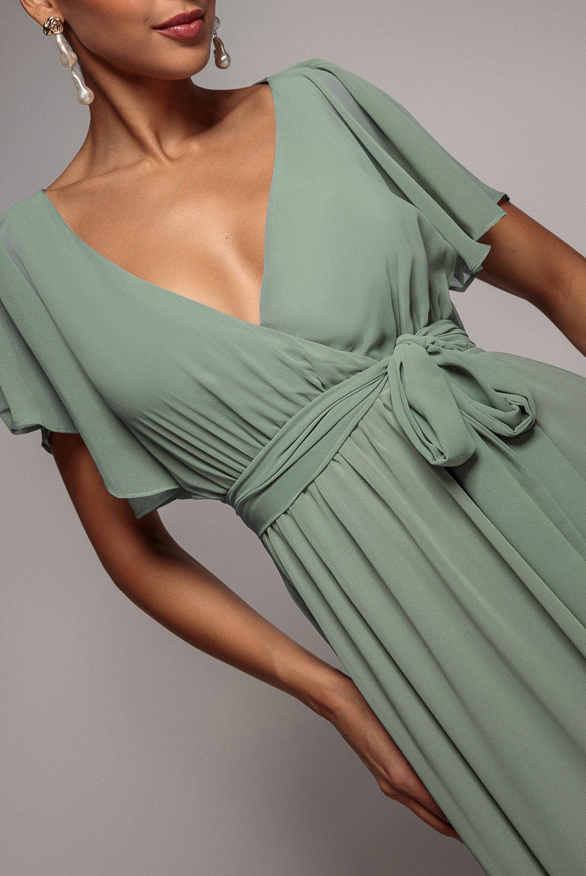 Goddiva Sustainable Chiffon Flutter Sleeve Wrap Maxi Dress - Sagegreen