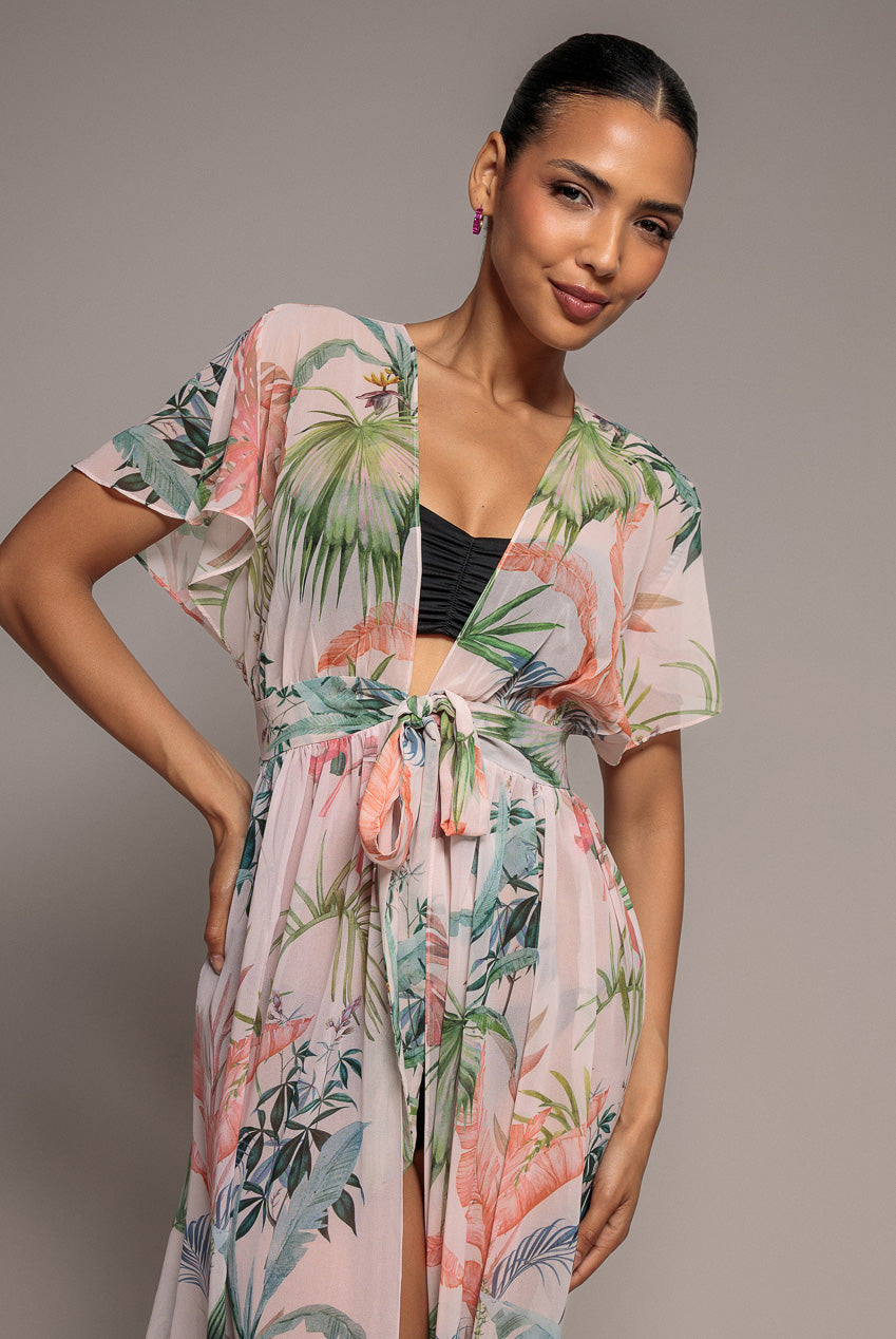 Goddiva Palm Print Flutter Sleeve Kimono Maxi Dress - Palm Print