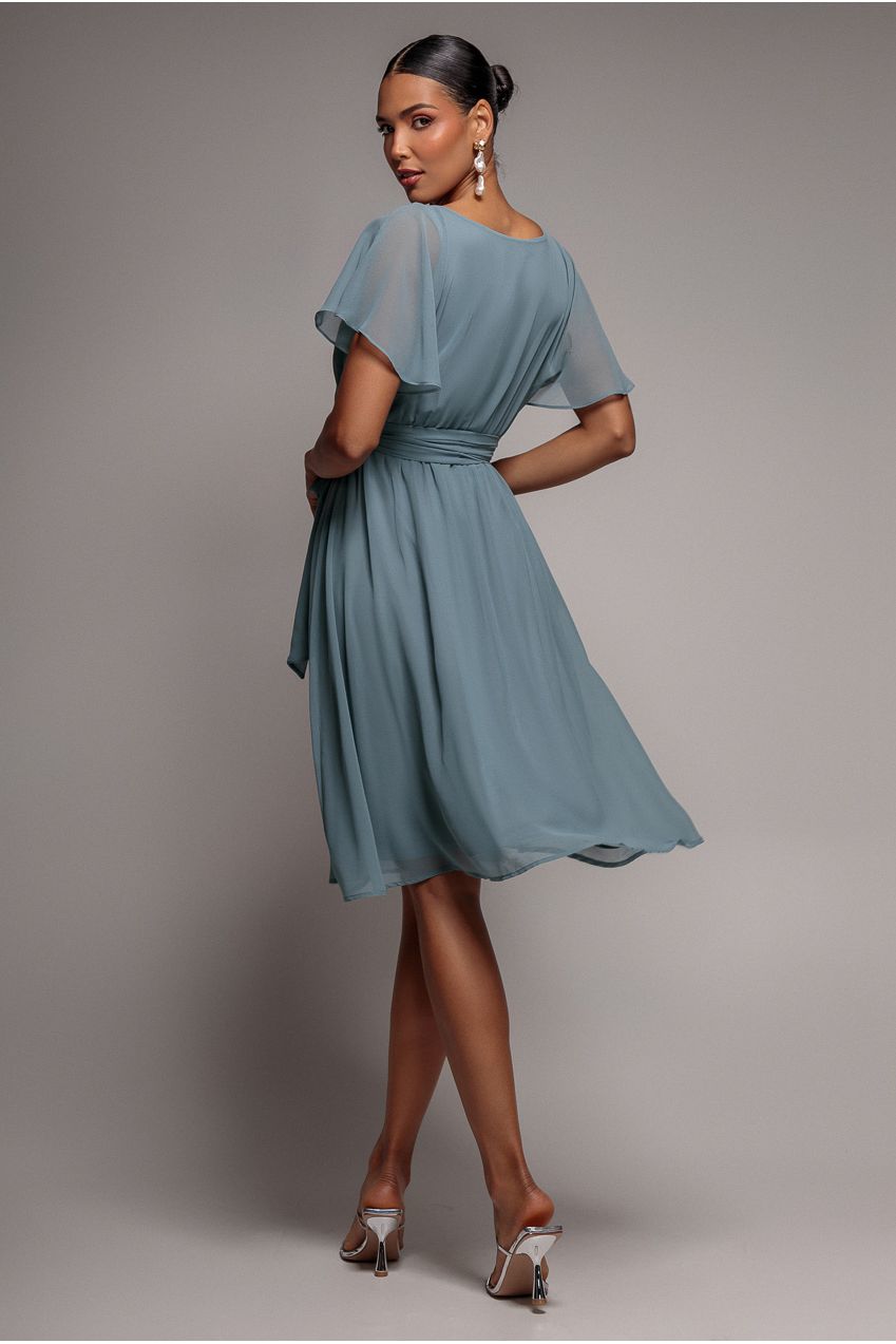 Goddiva Chiffon Flutter Sleeve Wrap Midi Dress - Airforce Blue