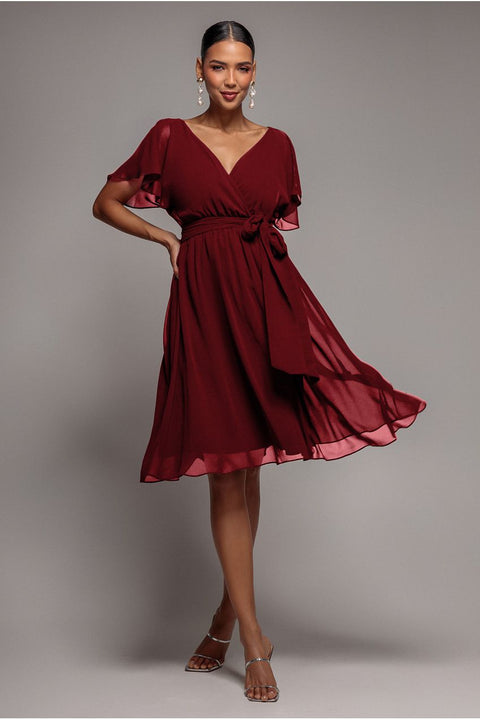 Goddiva Chiffon Flutter Sleeve Wrap Midi Dress - Berry