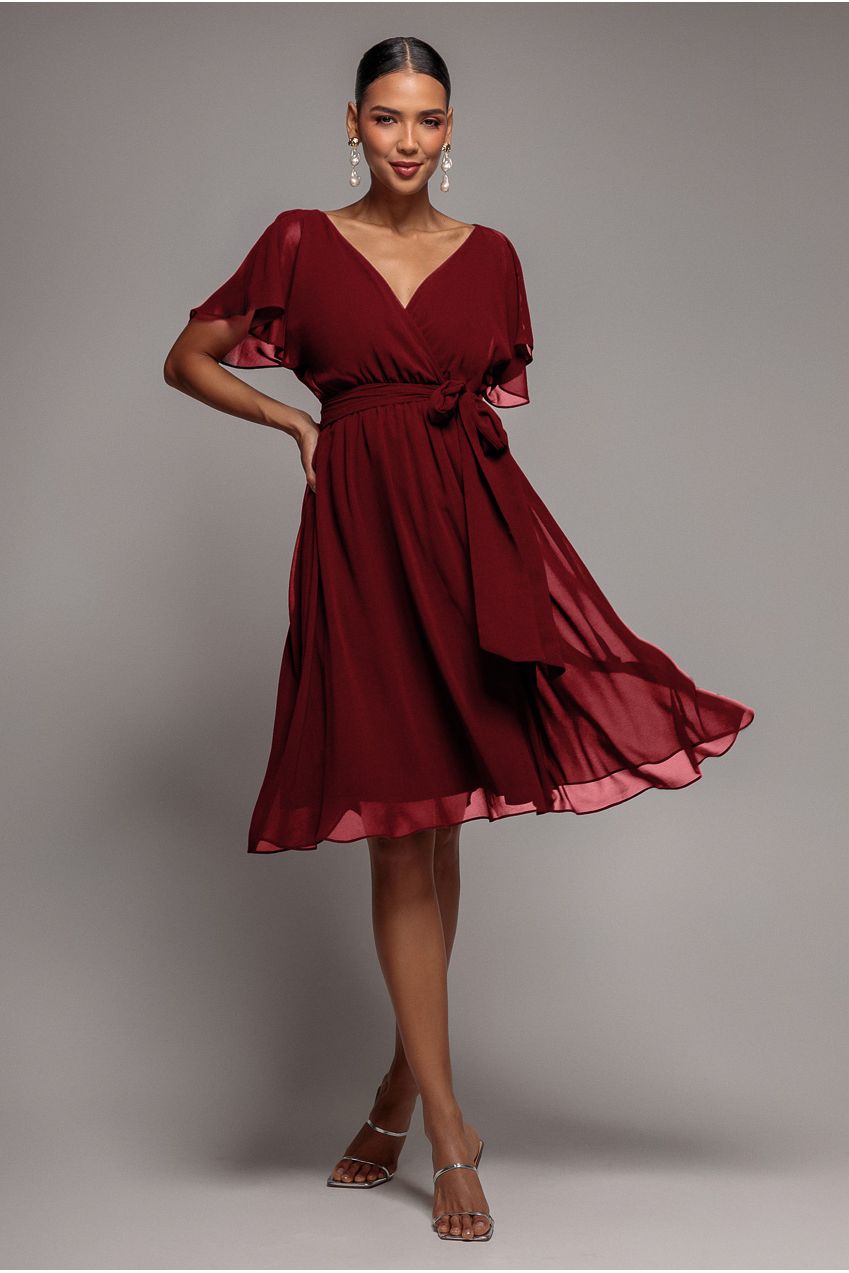 Goddiva Chiffon Flutter Sleeve Wrap Midi Dress - Berry