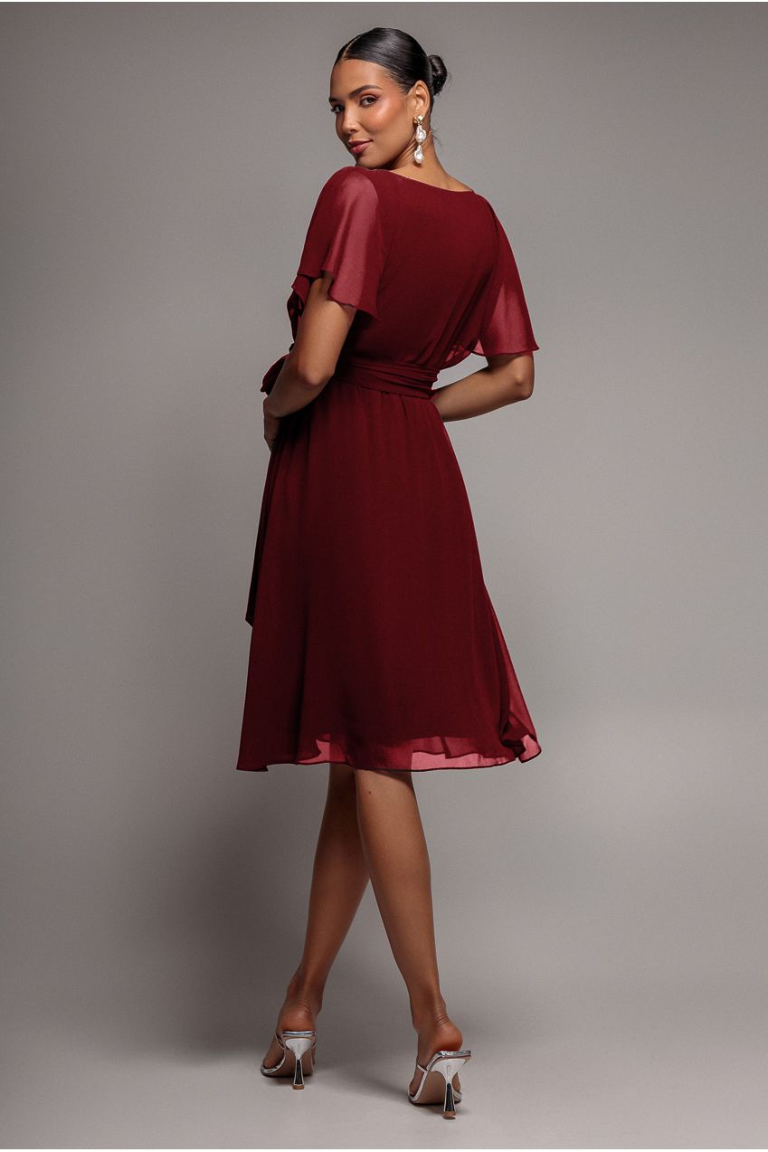Goddiva Chiffon Flutter Sleeve Wrap Midi Dress - Berry