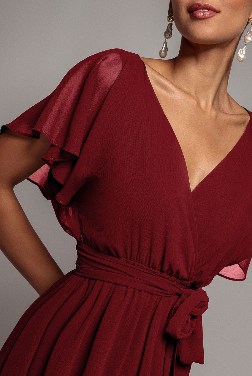 Goddiva Chiffon Flutter Sleeve Wrap Midi Dress - Berry