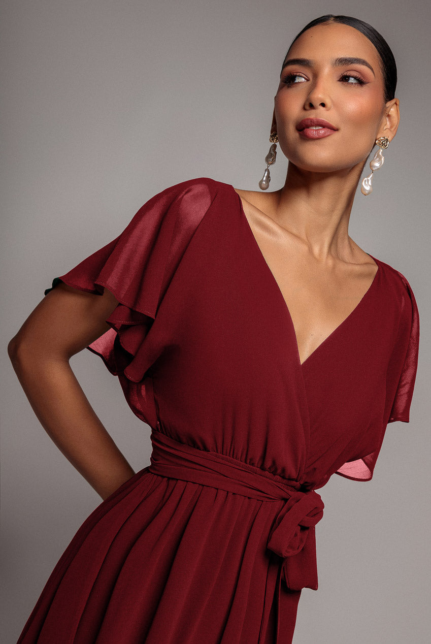 Goddiva Chiffon Flutter Sleeve Wrap Midi Dress - Berry