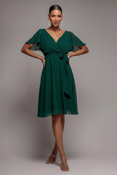 Goddiva Sustainable Flutter Sleeve Chiffon Wrap Midi Dress - Green