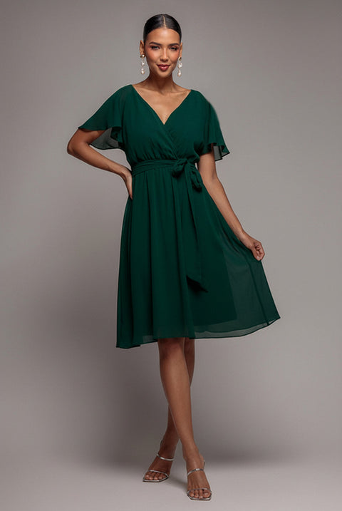 Goddiva Chiffon Flutter Sleeve Wrap Midi Dress - Dark Green