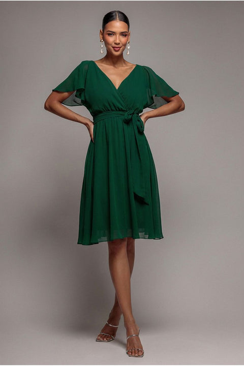 Goddiva Sustainable Flutter Sleeve Chiffon Wrap Midi Dress - Green