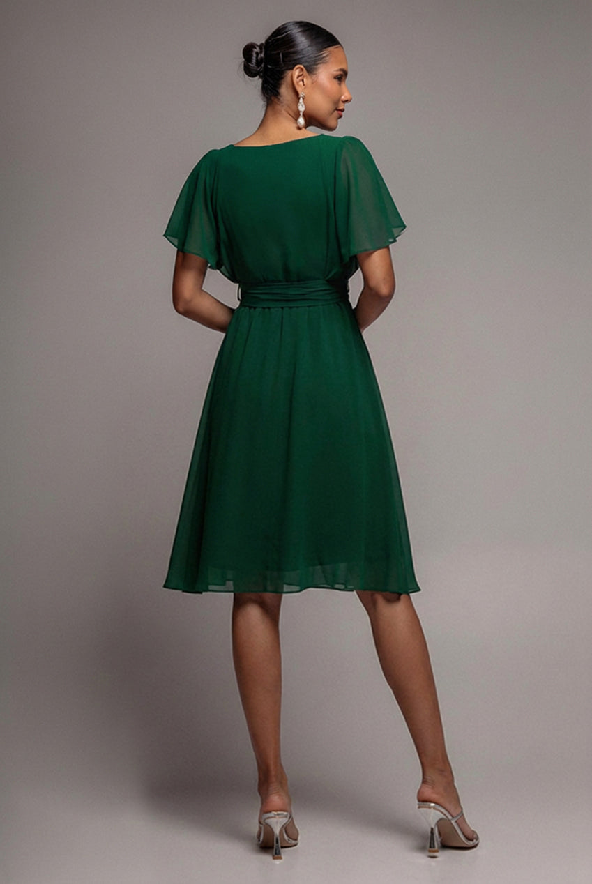 Goddiva Sustainable Flutter Sleeve Chiffon Wrap Midi Dress - Green