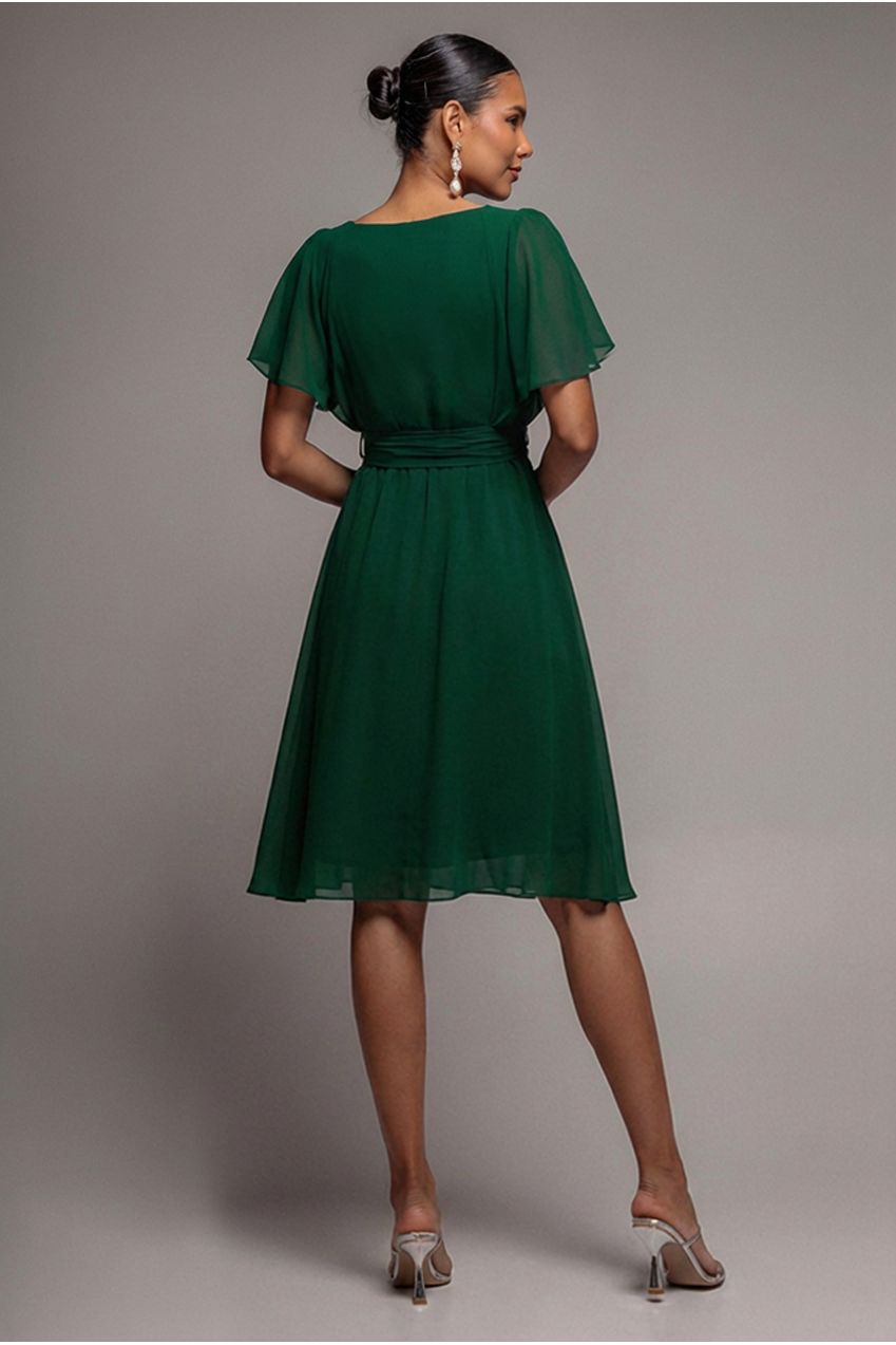 Goddiva Sustainable Flutter Sleeve Chiffon Wrap Midi Dress - Green
