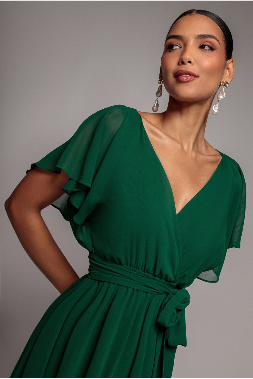 Goddiva Sustainable Flutter Sleeve Chiffon Wrap Midi Dress - Green