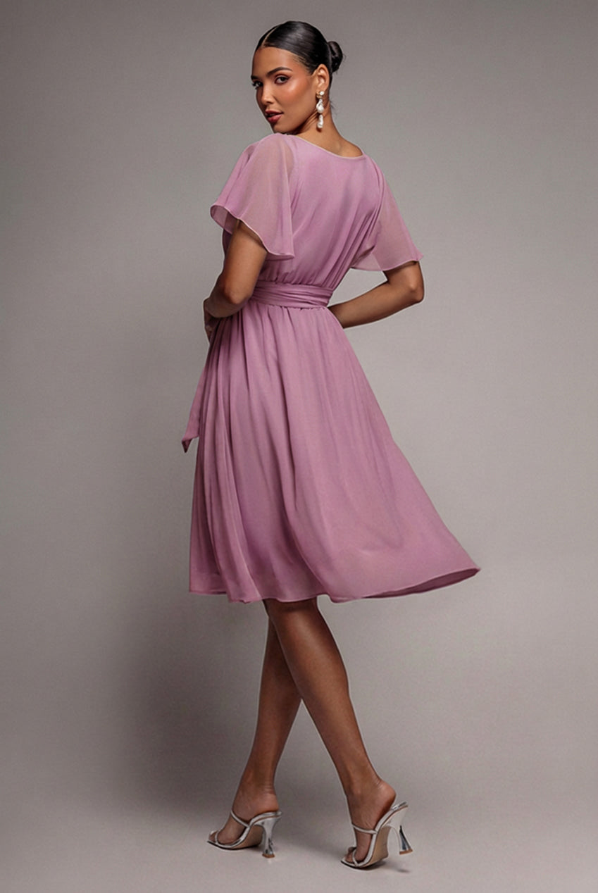 Goddiva Sustainable Flutter Sleeve Chiffon Wrap Midi Dress - Lavender