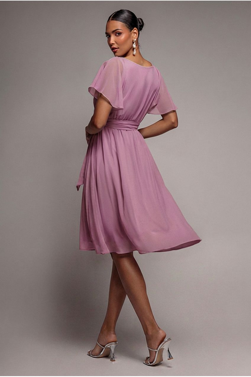 Goddiva Sustainable Flutter Sleeve Chiffon Wrap Midi Dress - Lavender