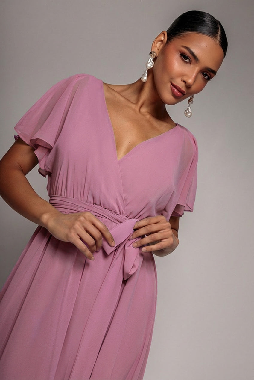 Goddiva Sustainable Flutter Sleeve Chiffon Wrap Midi Dress - Lavender