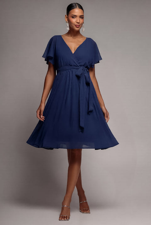 Goddiva Sustainable Flutter Sleeve Chiffon Wrap Midi Dress - Navy