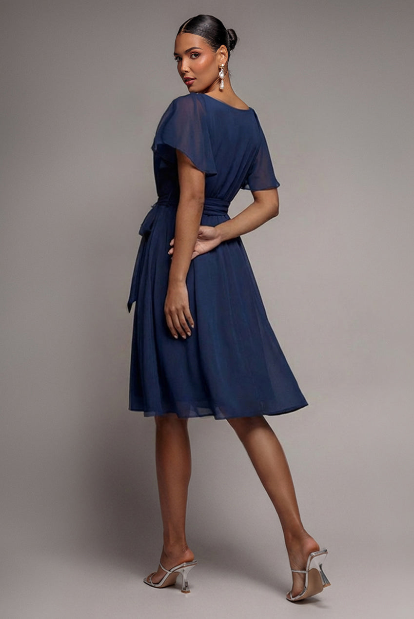 Goddiva Sustainable Flutter Sleeve Chiffon Wrap Midi Dress - Navy
